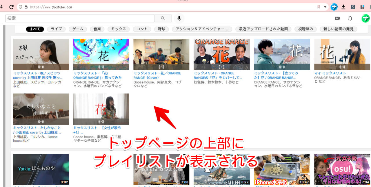 Playlists grouping on homepageにチェックした後の画像