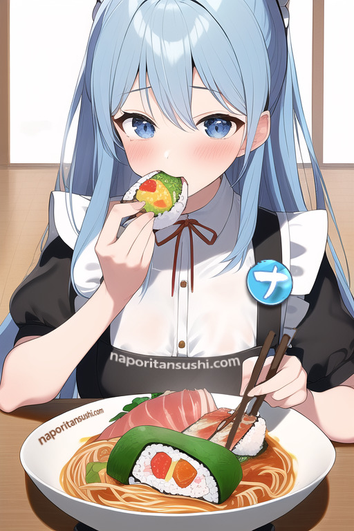 「NovelAI」で生成したナポリタン寿司を食べている青髪少女画像