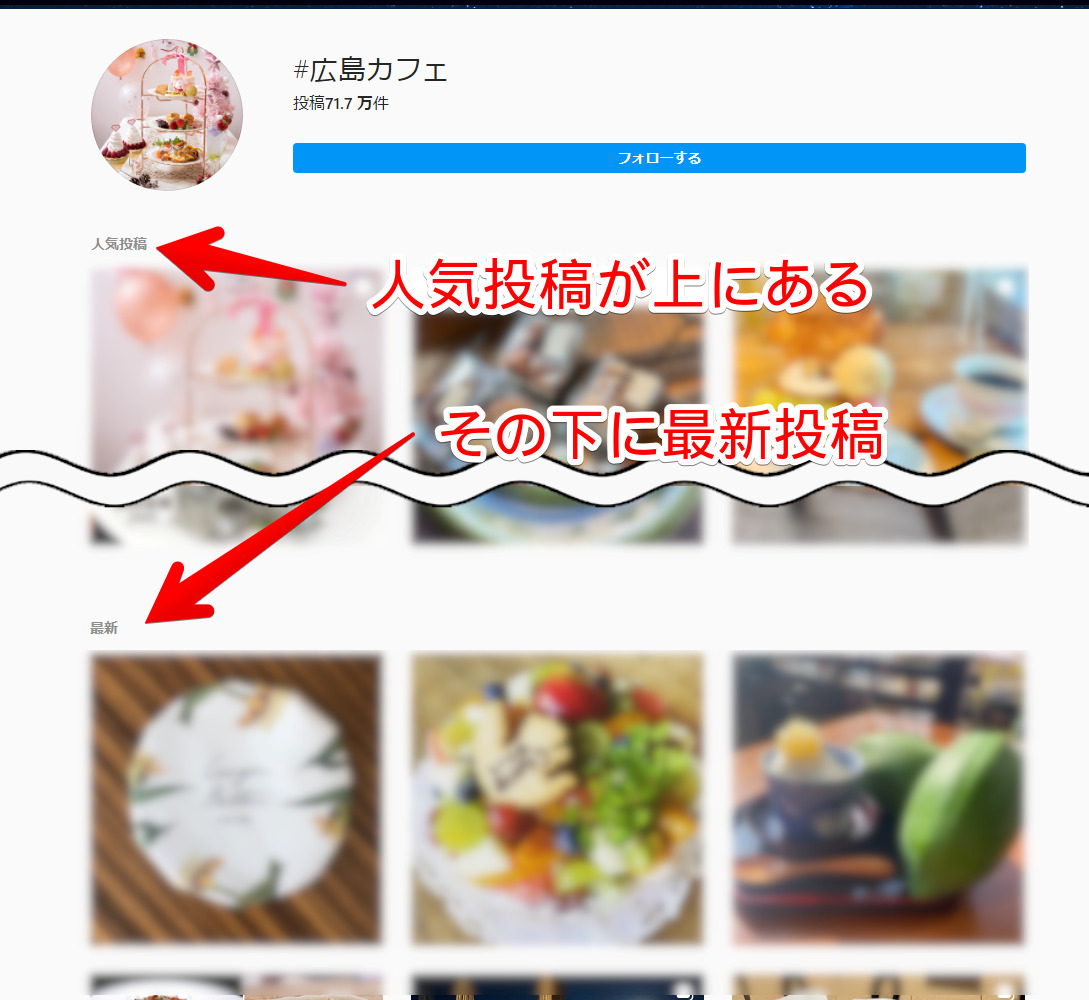 Instagram(PC版)のハッシュタグ検索結果画像