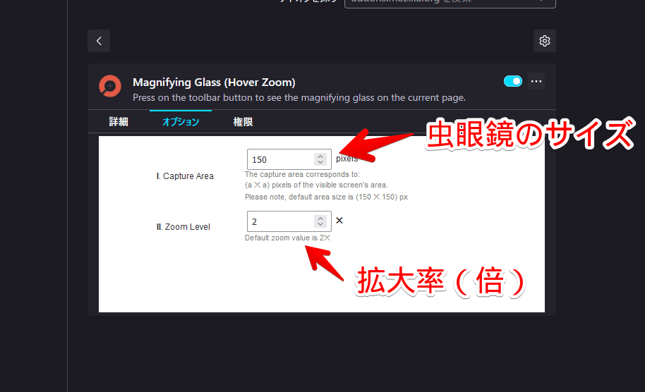 「Magnifying Glass (Hover Zoom)」の設定画面