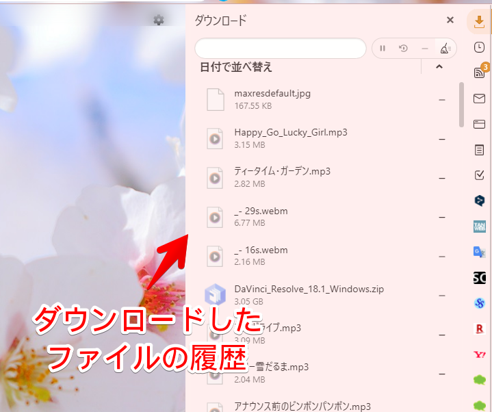 ダウンロードパネルのスクリーンショット ダウンロードパネルのスクリーンショット