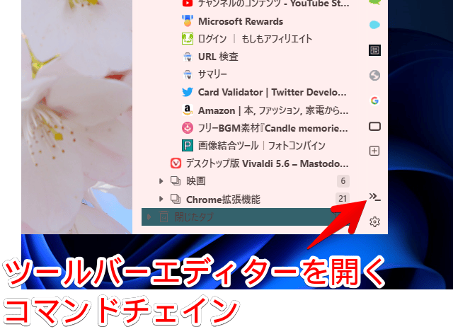 「Vivaldi」ブラウザの「ツールバーのカスタマイズボタンをパネルに配置」コマンドチェインをパネルに登録した画像