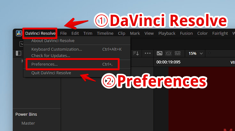 英語版「DaVinci Resolve」で設定(Preferences)を開く手順画像