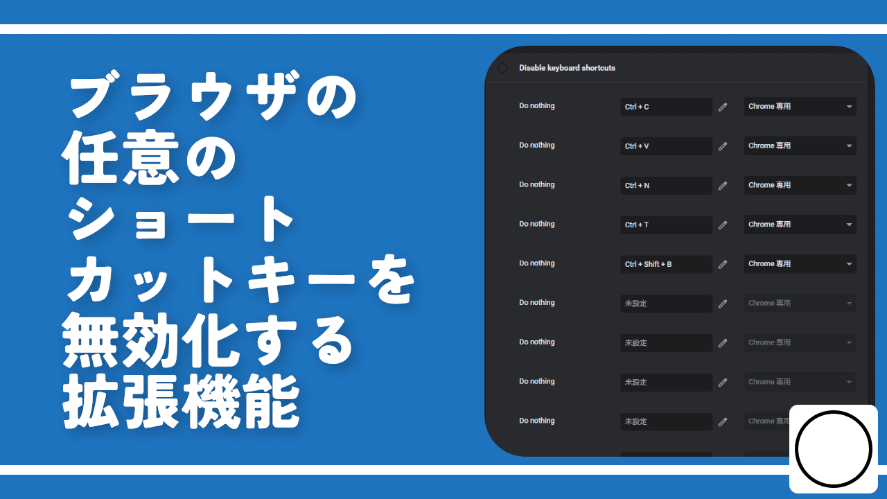 ブラウザの任意のショートカットキーを無効化する拡張機能