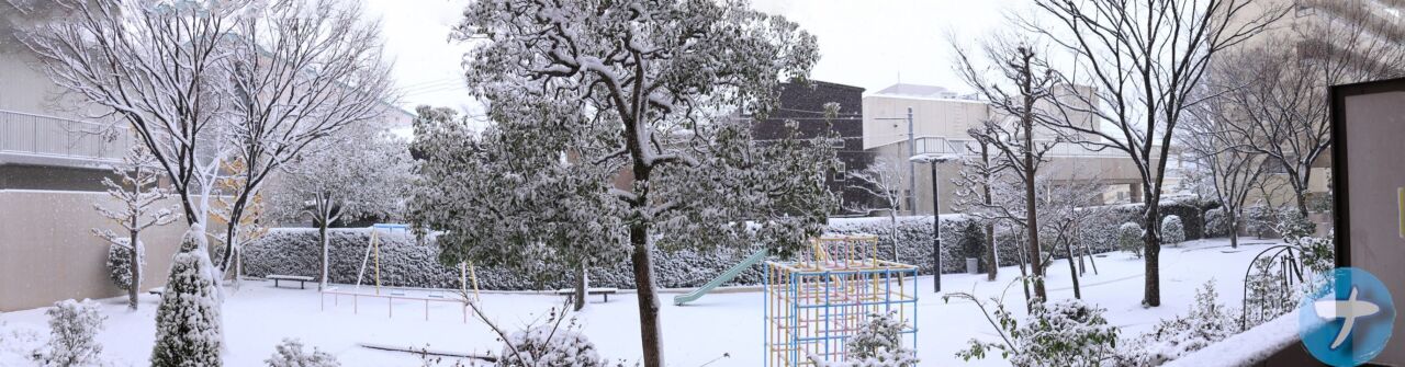 完成した積雪した公園のパノラマ写真