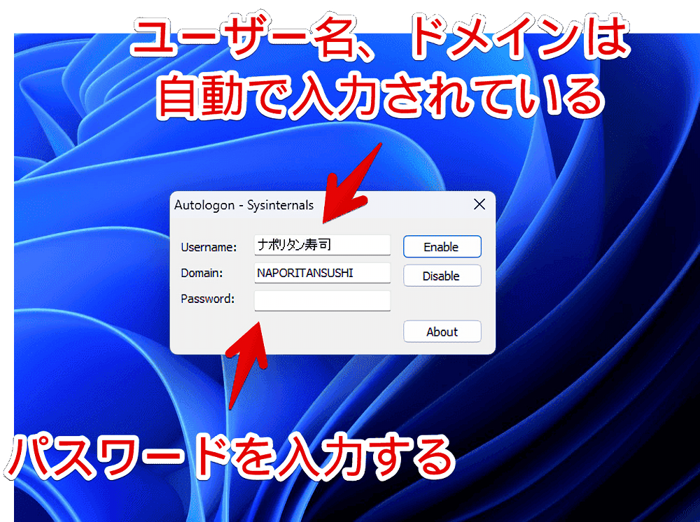 Windows11にダウンロードした「AutoLogon」ソフトのセットアップ手順画像1