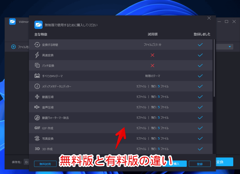 「Vidmore 動画変換」の無料版と有料版の比較画像