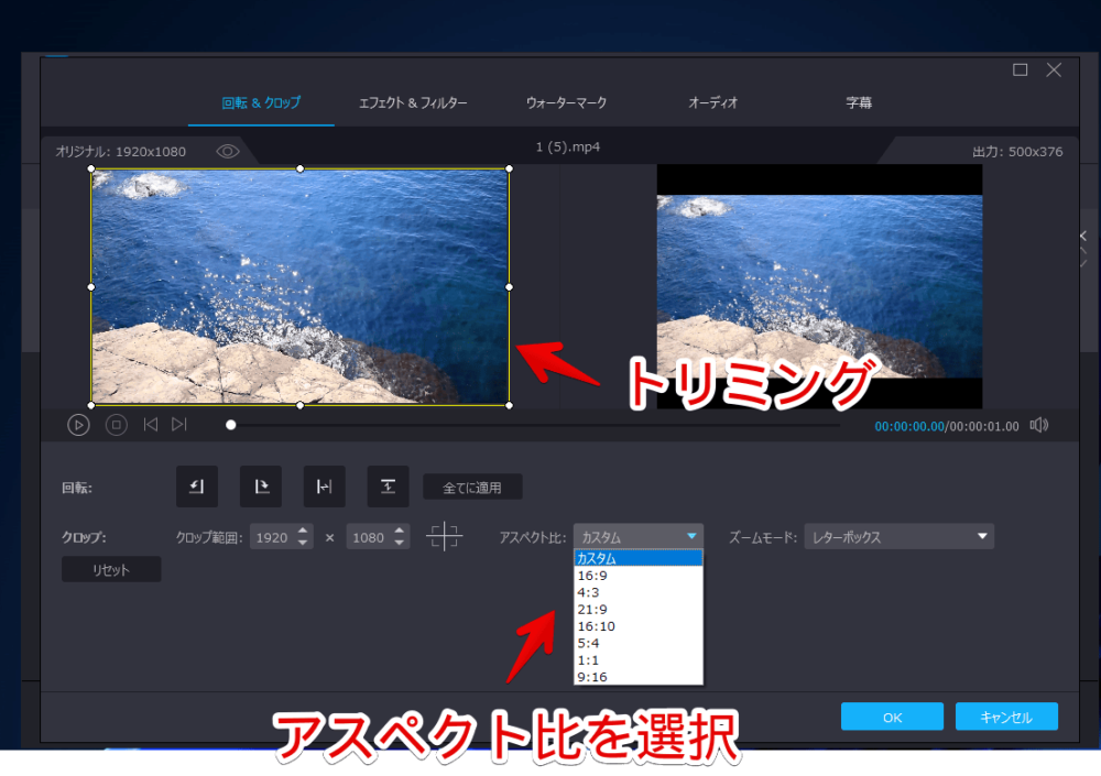 「Vidmore 動画変換」で動画のアスペクト比を変更する手順画像