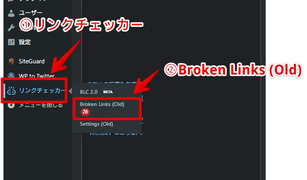 「Broken Link Checker」のリンクエラーページにアクセスする手順画像