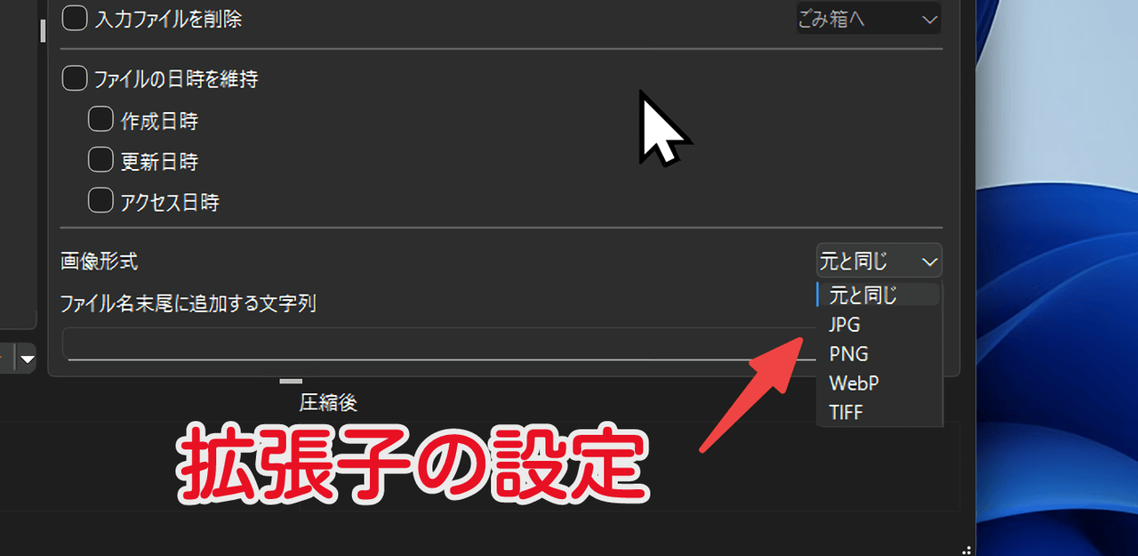 「Caesium Image Compressor」の拡張子設定