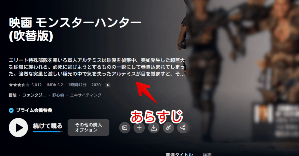 PCウェブサイト版「Amazonプライムビデオ」の「映画 モンスターハンター(吹替版)」ページ画像