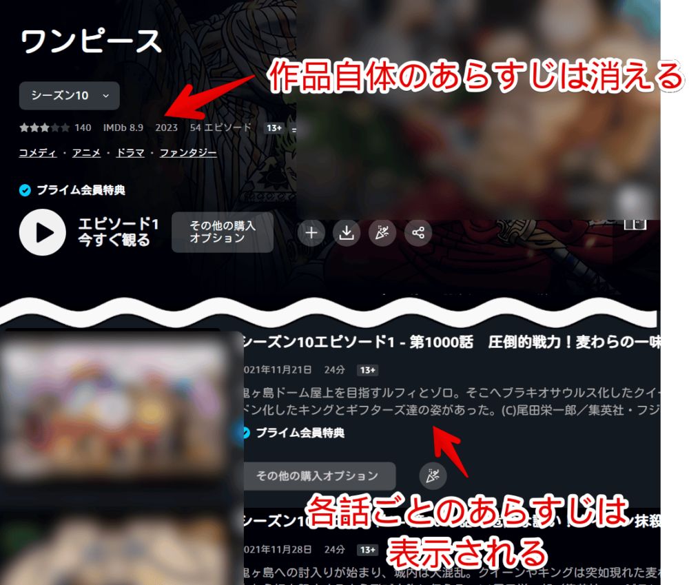 PCウェブサイト版「プライムビデオ」にあるアニメ作品のあらすじをCSSで削除した画像