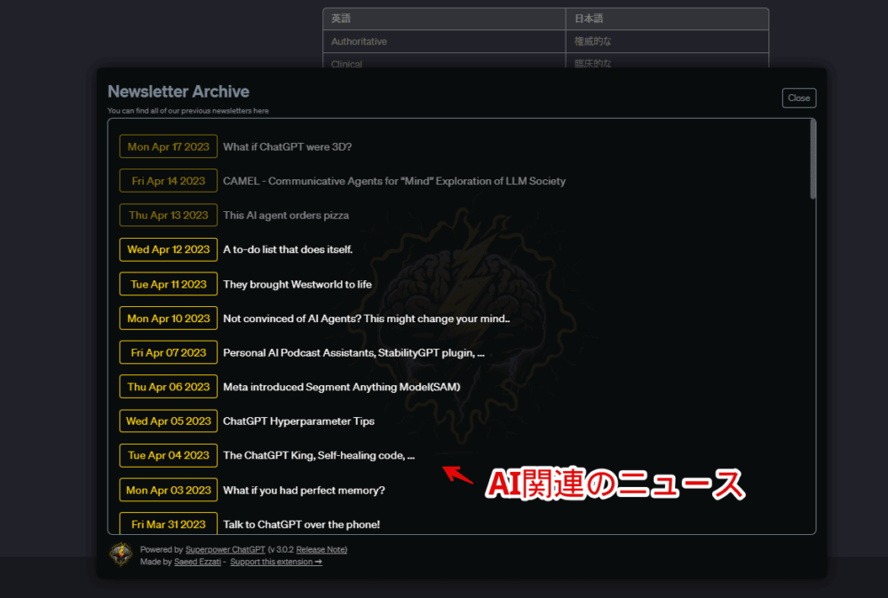 「Superpower ChatGPT」の「Newsletter（ニュースレター）」ダイアログ画像