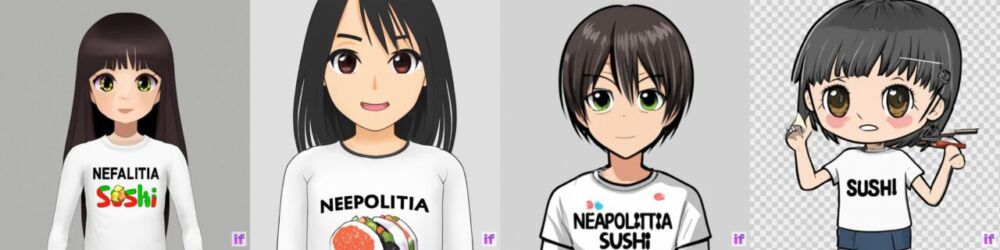 「DeepFloyd IF」で「Neapolitan Sushi」と書かれた服を着ている人を生成した画像1