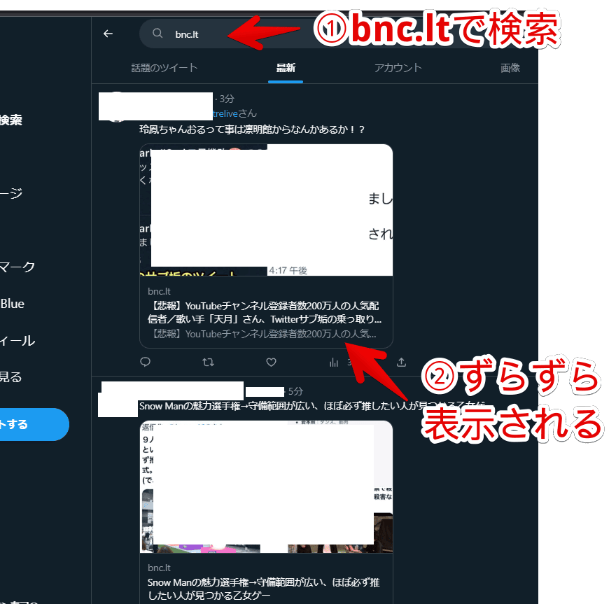 PCウェブサイト版「Twitter」で、「bnc.lt」と検索した画像