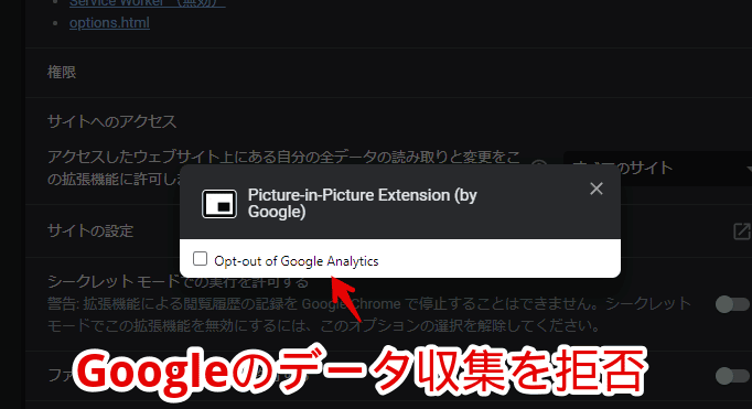 「Picture-in-Picture Extension (by Google)」の設定画像