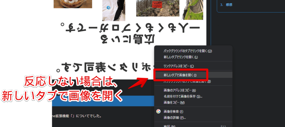 「Simple Image Rotator」を使うために、画像を新しいタブで開く手順画像