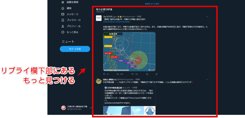 Twitterの返信一覧ページに表示される「もっと見つける」項目画像