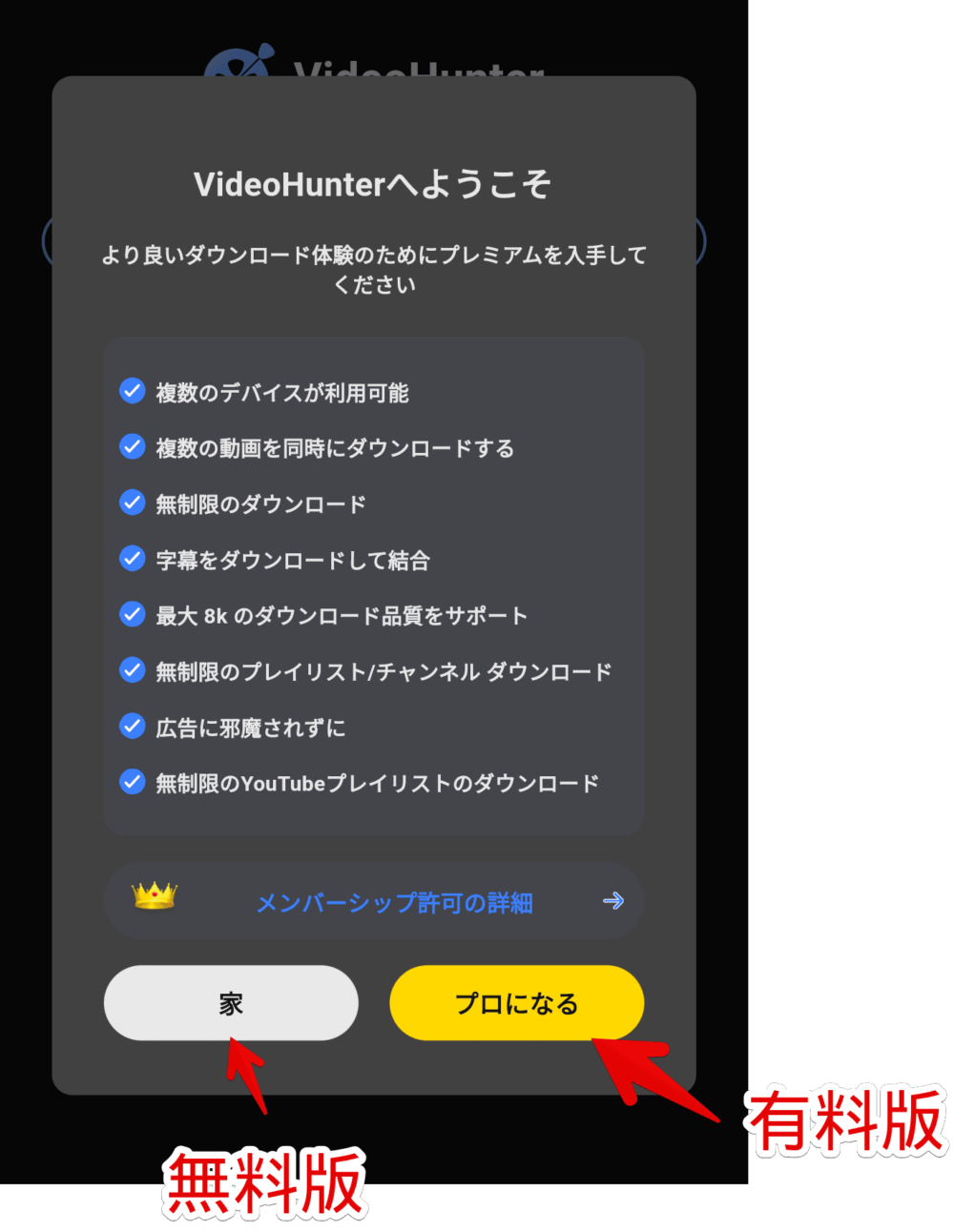 「VideoHunterへようこそ」ポップアップ画像