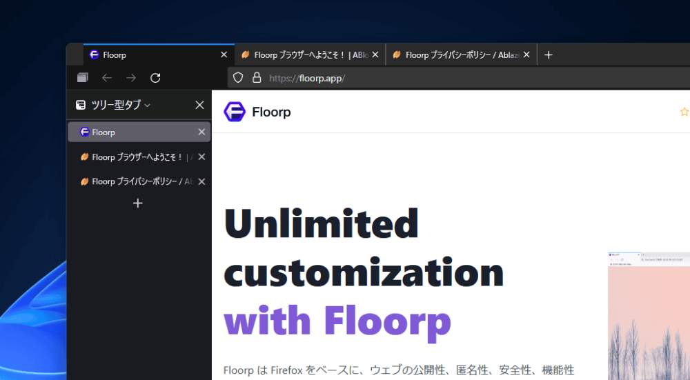 Windows11に「Floorp」ブラウザをインストールした初回画像