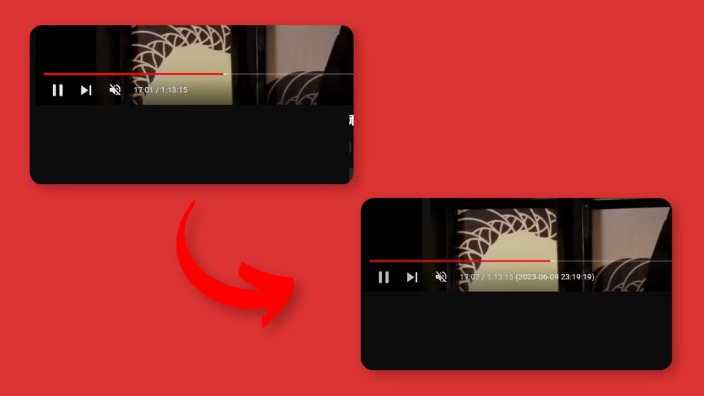 「YouTubeLiveClock」拡張機能を使って、配信された時刻を表示した比較画像