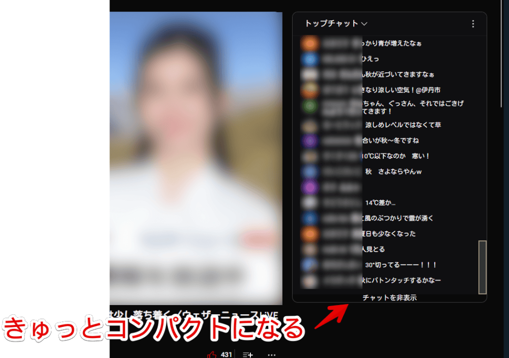 PCウェブサイト版「YouTube」にある「チャットを非表示」の高さをCSSで調整した画像