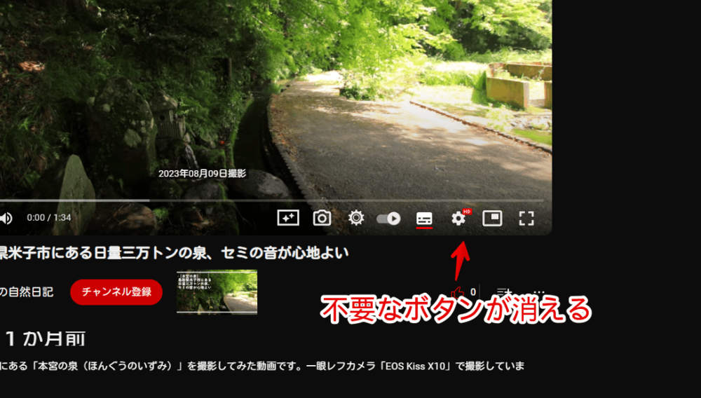 PCウェブサイト版「YouTube」の動画プレーヤー下部に表示されるミニプレーヤー、シアターモード、テレビで再生ボタンをCSSで消した画像