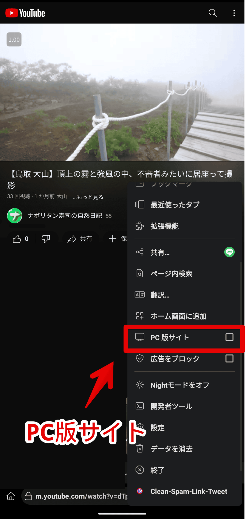 「Kiwi Browser（Android）」で開いたYouTubeをPC版サイトにする手順画像2