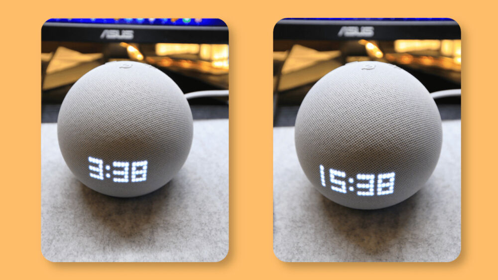 「Echo Dot with clock」の時計表記を12時間と24時間に切り替えてみた比較写真