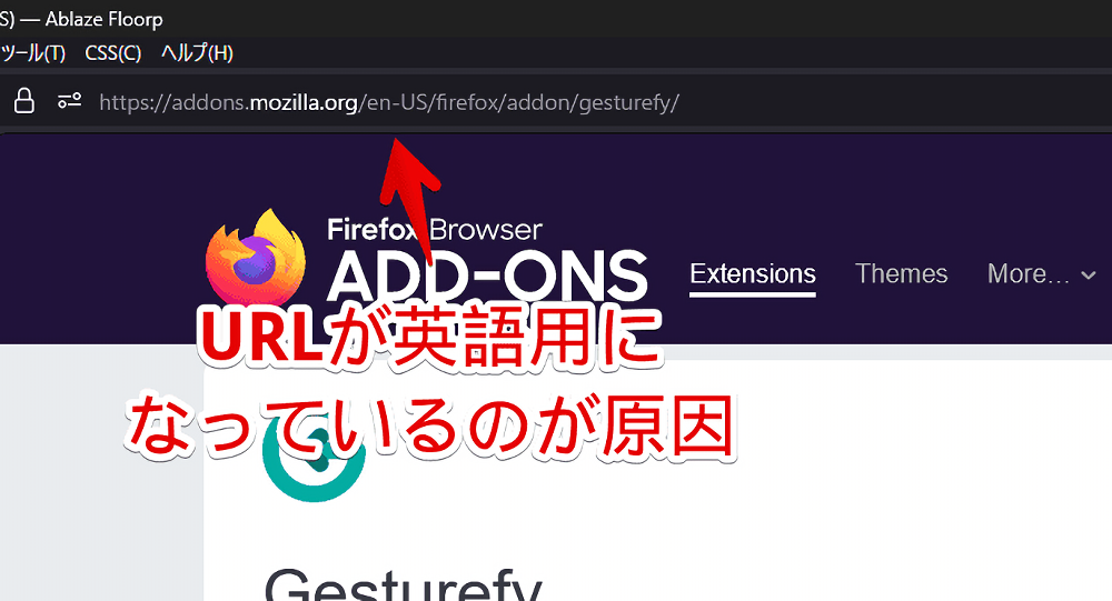 「Firefox Add-ons」のURLの一部が「en-US」になっている画像
