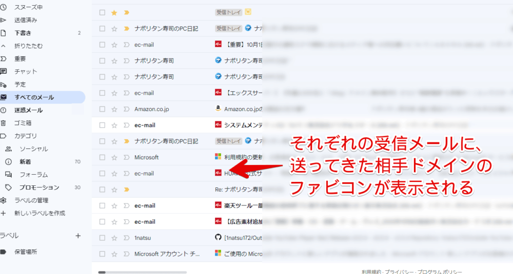 「Gmail sender favicons (domain icons)」拡張機能を使った「Gmail」画像