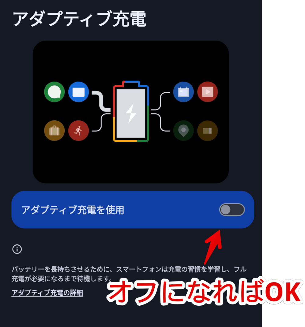 「Google Pixel」スマホで、「アダプティブ充電」機能をオフにする手順画像5