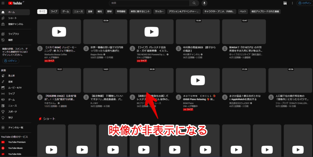 「Music Mode for Youtube」拡張機能を導入したトップページ画像