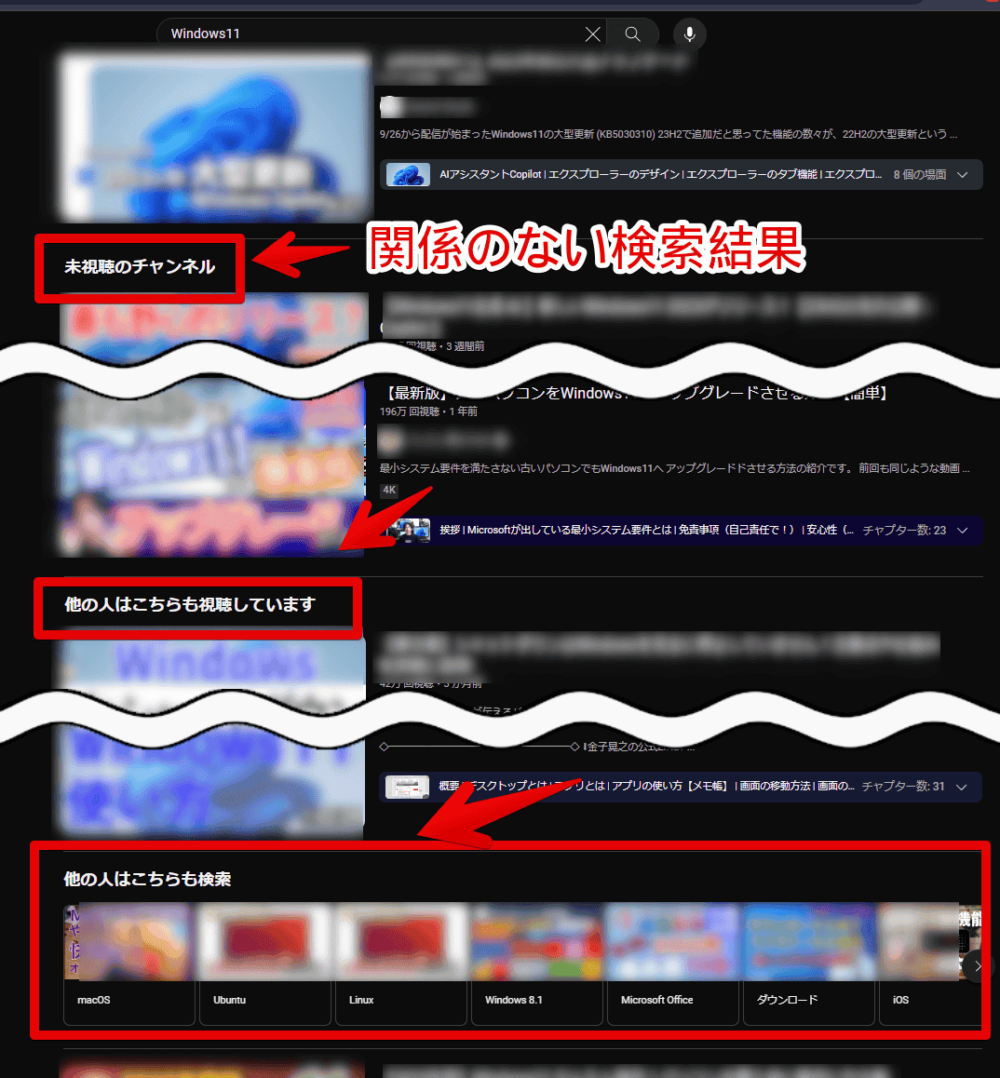 PCウェブサイト版「YouTube」の検索結果に表示される「未視聴のチャンネル」、「他の人はこちらも視聴しています」、「他の人はこちらも検索」画像