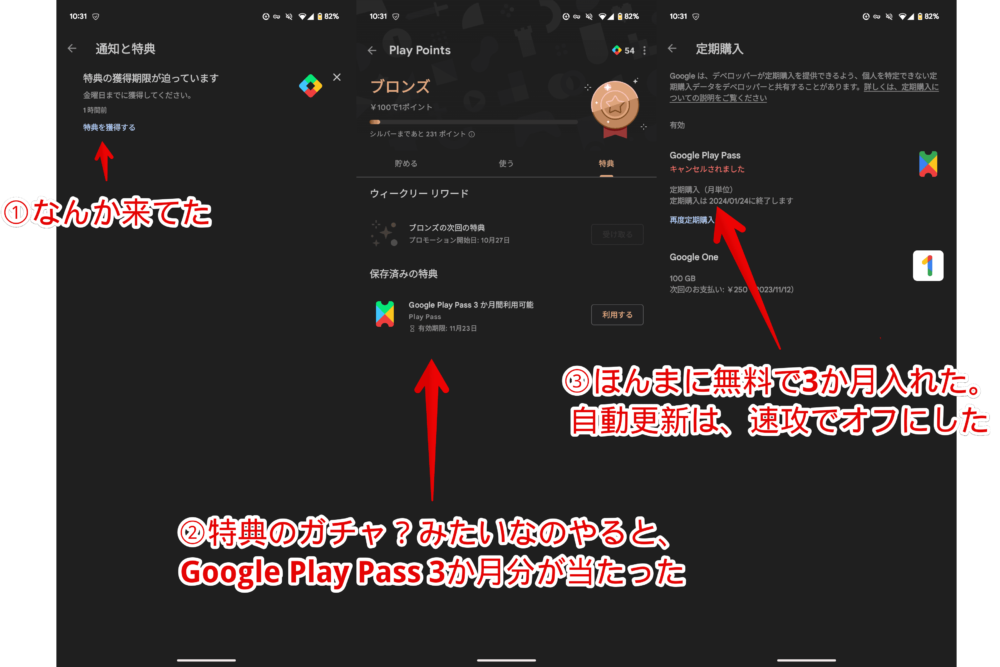 「Google Play」で「Google Play Pass」の3か月分が当たっている画像