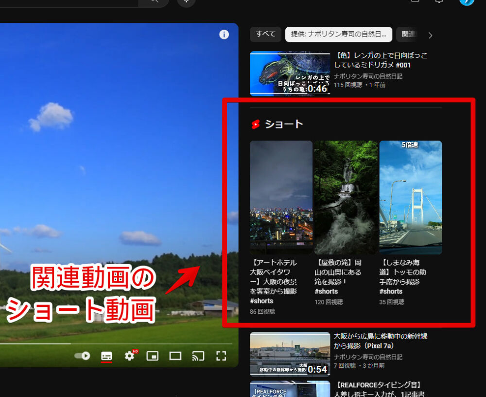 PCウェブサイト版「YouTube」の関連動画内に表示される「ショート」動画画像