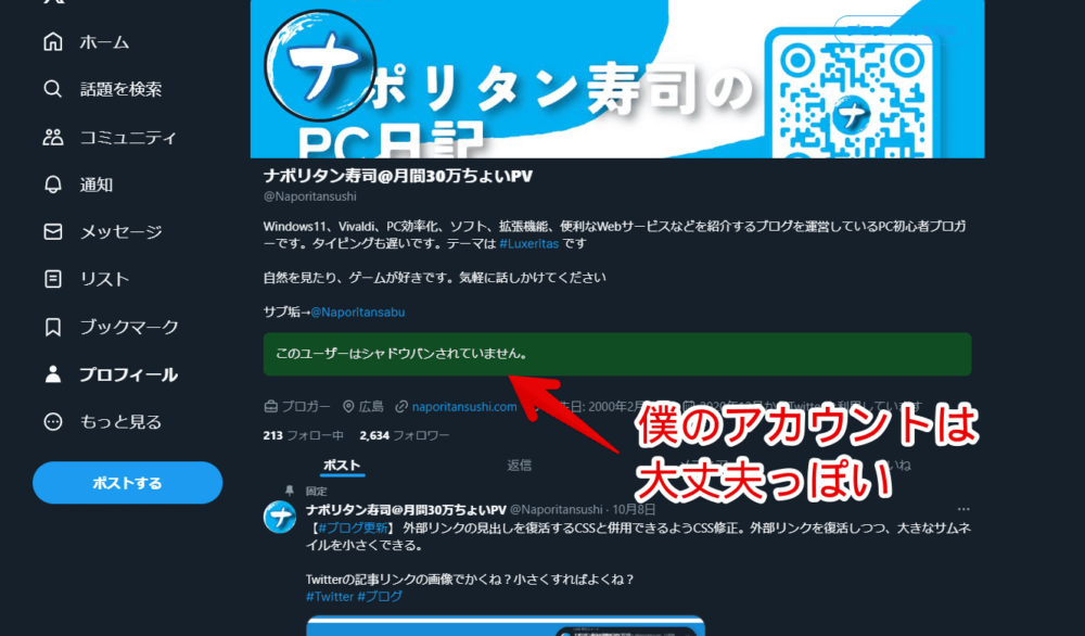 「Shadowban Scanner」拡張機能でアカウント単位のシャドウバンとセンシティブフラグを検出した画像2