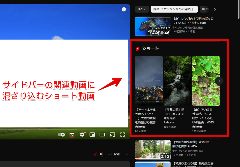 PCウェブサイト版「YouTube」の関連動画に表示される「ショート」項目画像