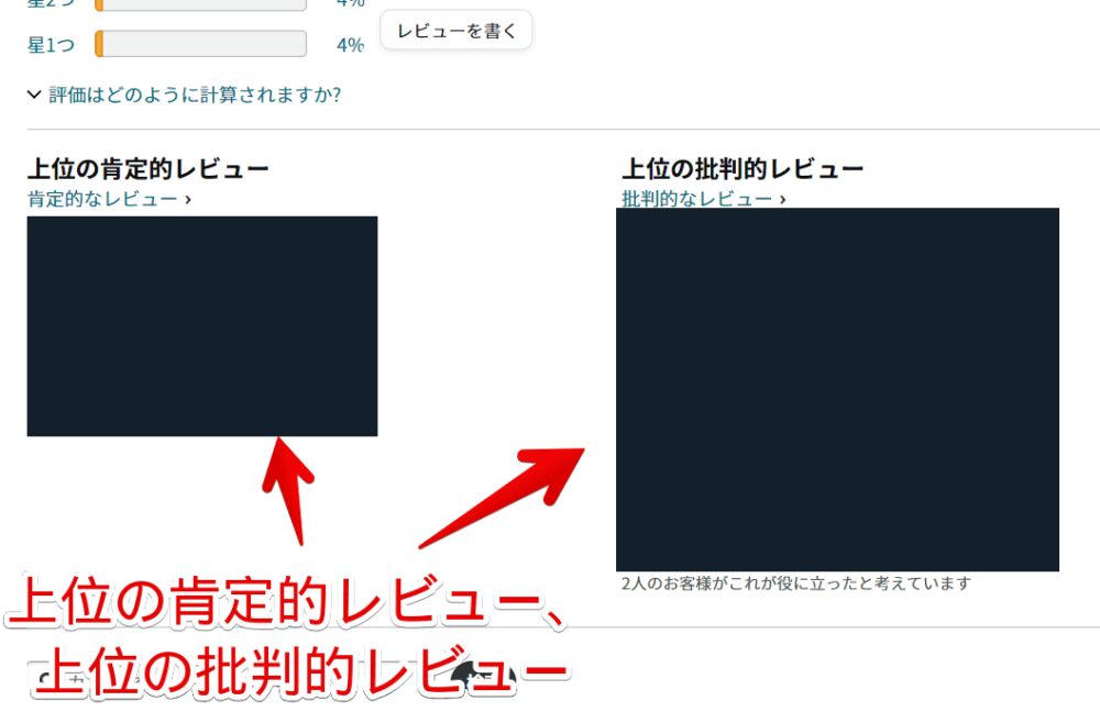 PCウェブサイト版「Amazon」でCSSを使って、上位の肯定的レビュー、上位の批判的レビューを非表示にした画像