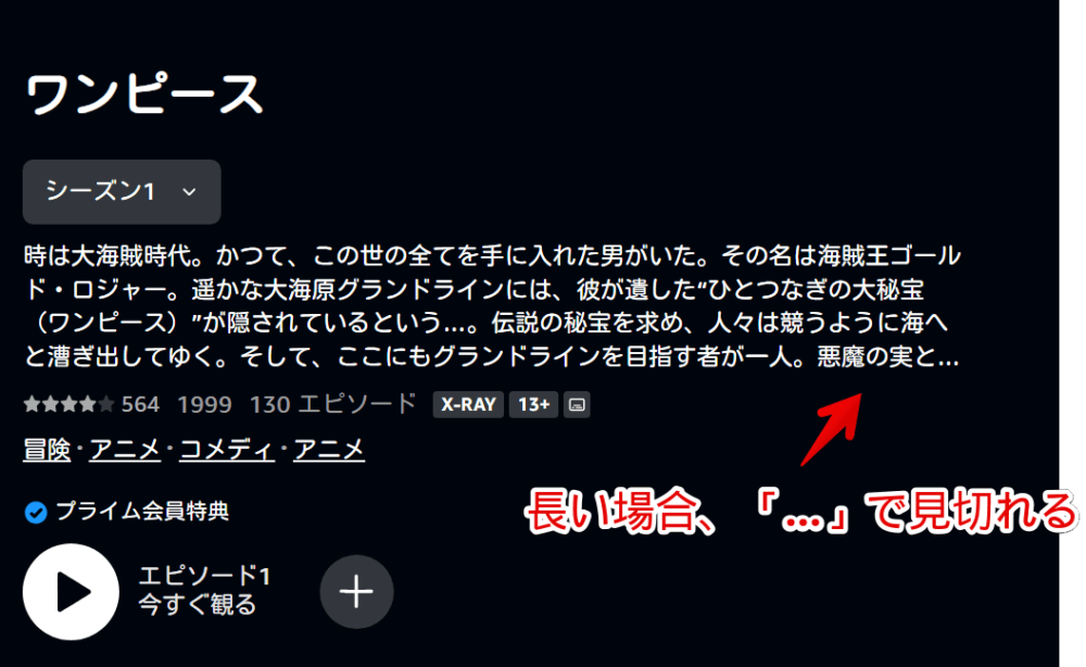 PCウェブサイト版「プライムビデオ」のあらすじが見切れている画像