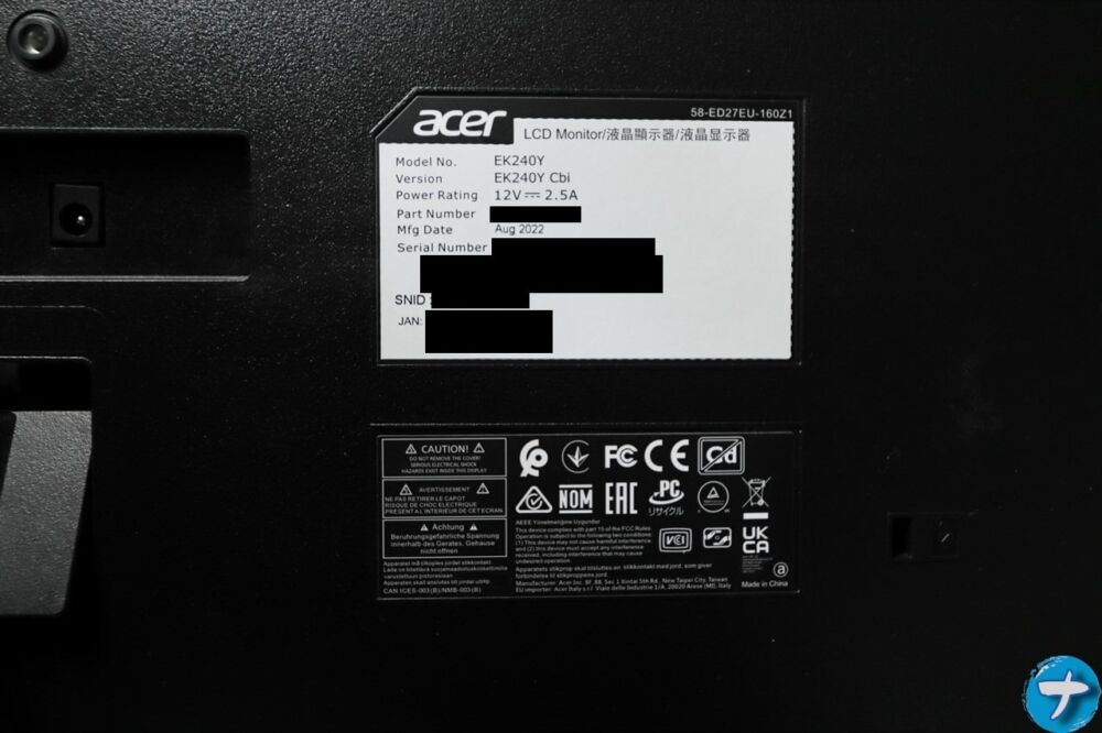 「Acer EK240YCbi」モニターの裏面に貼ってある製品情報ラベル画像