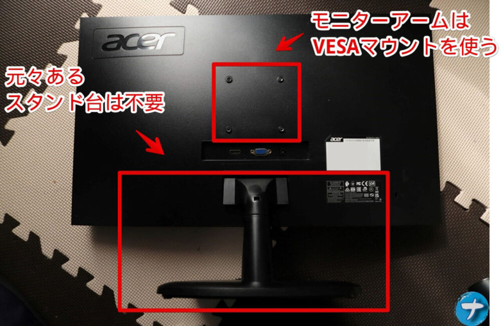 「Acer EK240YCbi」モニターのVESAマウントとスタンド台の解説写真