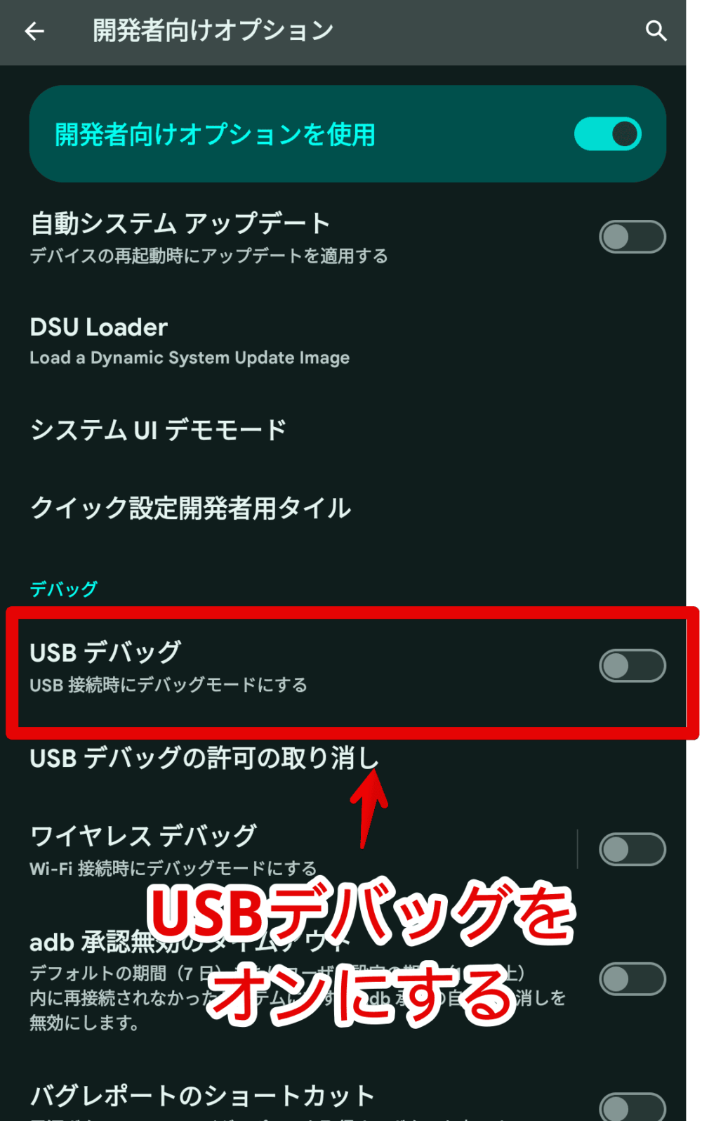 Pixelスマホの開発者向けオプションから「USBデバッグ」を有効にする手順画像1