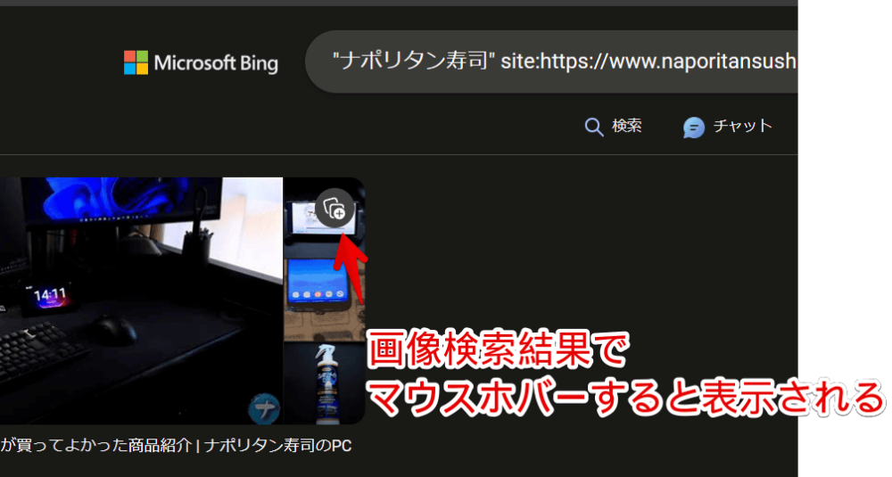 PCウェブサイト版「Microsoft Bing」上の画像にマウスホバーした時表示されるコレクションの保存ボタン画像1