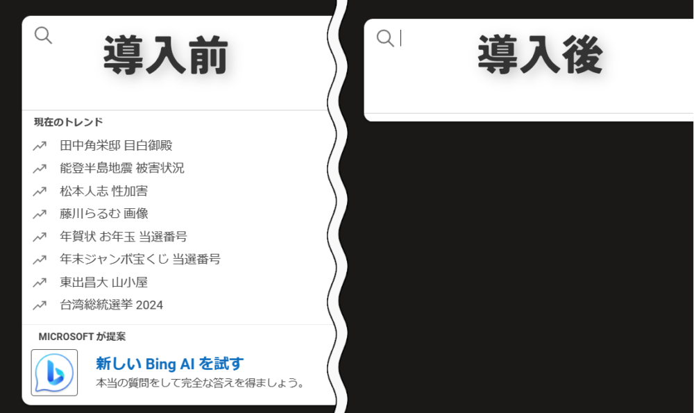 「Microsoft Bing」のトップページにある検索候補に表示される「現在のトレンド」をCSSで非表示にした比較画像
