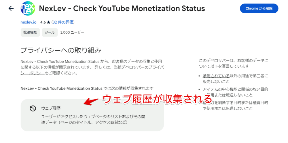 「NexLev - Check YouTube Monetization Status」拡張機能のプライバシーへの取り組みページ画像