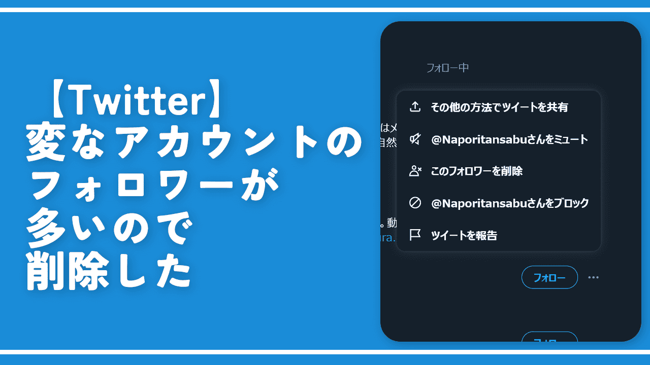 【Twitter】変なアカウントのフォロワーが多いので削除した