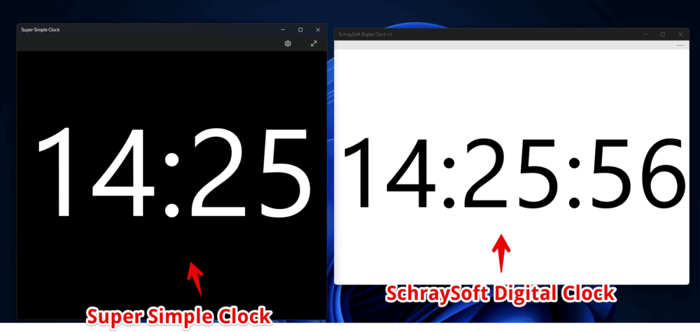 「SchraySoft Digital Clock」と「Super Simple Clock」のスクリーンショット