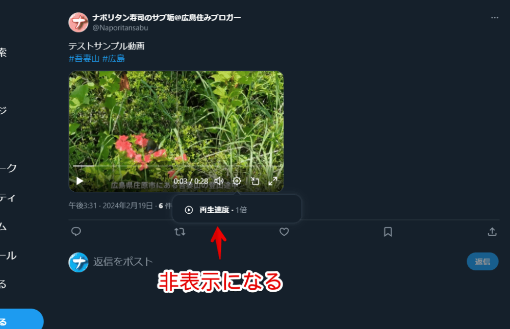 PCウェブサイト版「Twitter」の動画内に表示される「動画をダウンロード」をCSSで非表示にした画像