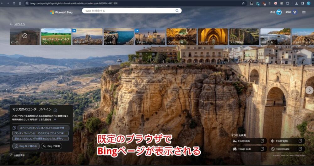 デスクトップの「この写真に関する詳細情報」アイコンをクリックしたBingページ画像